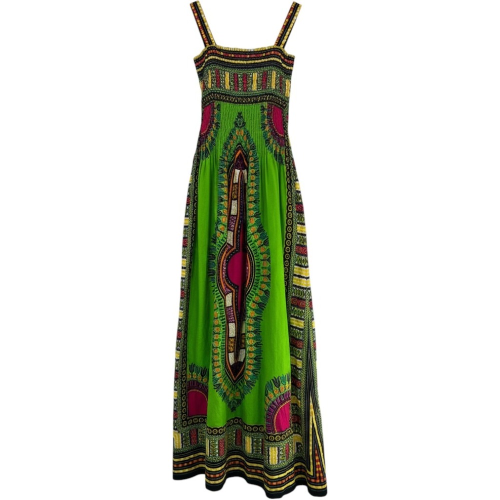 India Boutique Green Dashiki Print Smocked Maxi Dress Cotton Boho Festival